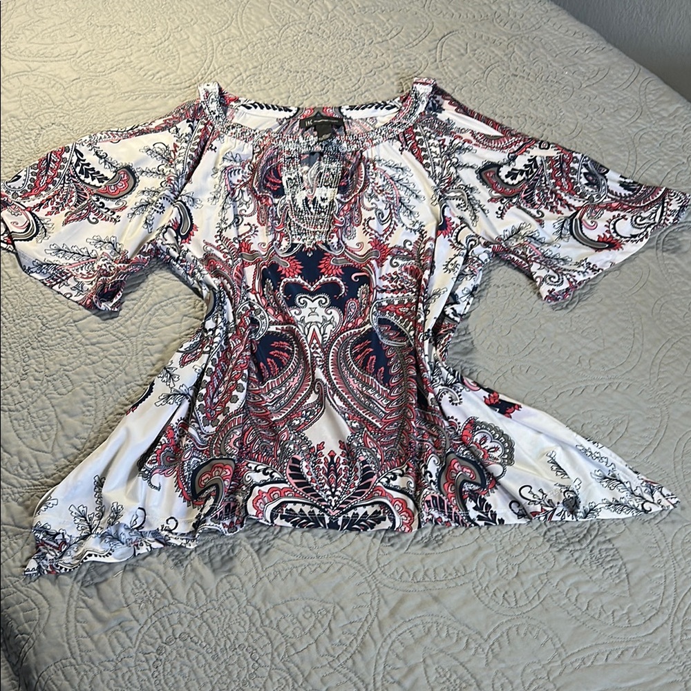 INC International Concepts White and Red Graphic Peplum Blouse
